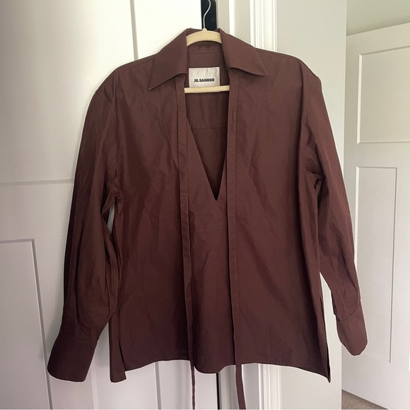 Jill Sander Tie-neck Organic-cotton Poplin Brown Blouse Long Sleeve V Neck - Picture 5 of 8